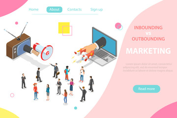 Inbound vs outbound marketing isometric vector. Hand with megaphone and another one with magnet are trying to capture the attention of the crowd of people. - obrazy, fototapety, plakaty