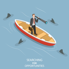 Isometric flat vector concept of searching for opportunities, business vision, finding a path to the goal.