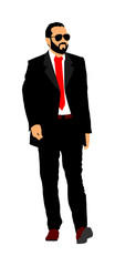 Confident leader walking. Businessman on work vector illustration. Handsome business man in suit in office. Elegant manager.  Bodyguard watching environment, observe, care for president's security.