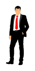 Confident leader standing with hand in pocket. Businessman on work vector illustration. Handsome business man in suit in office. Elegant man manager.  Bodyguard observe, care for president's security.