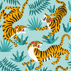 Obraz premium Wektor wzór z słodkie tygrysy na tle. Pokaz zwierząt cyrkowych. Modny wzór tkaniny.