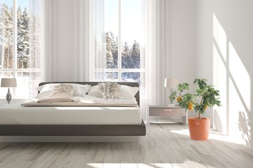 White bedroom. Scandinavian interior design. 3D illustration