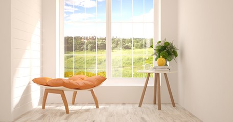 Mock up of white room with armchair and summer landscape in window. Scandinavian interior design. 3D illustration