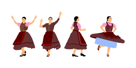 Csardas dancers vector illustration. Folklore of Hungary. Bavarian woman on Octobar fest. Polka dance performer. Balkan folk dance. Europe traditional festival attraction.