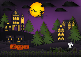 Paper art of halloween background with witch, ghost and full moon. Vector illustration