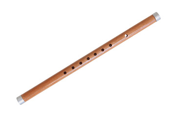 Wooden reed pipe or whistle isolated on white background