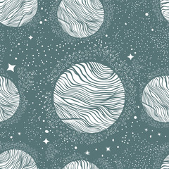 Seamless pattern with planets and shiny stars.