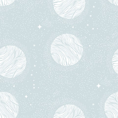 Seamless pattern with planets and shiny stars.