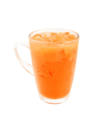 Glass of cold orange juice with ice isolate on white