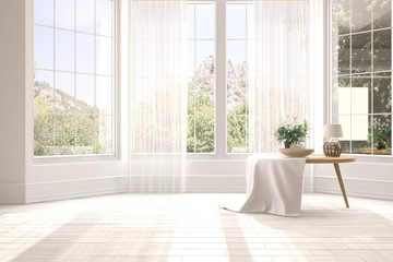 White empty room with summer landscape in window. Scandinavian interior design. 3D illustration