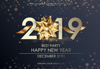Happy New Year 2019 winter holiday greeting card design template. Party poster, banner or...