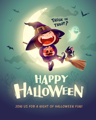 Fototapeta premium Happy Halloween. Halloween little witch. Girl kid in Halloween costume sits on the moon. Retro vintage.