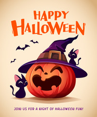 Obraz premium Happy Halloween. Halloween pumpkin. Black Cat and Jack O Lantern Pumpkin with witch hat.