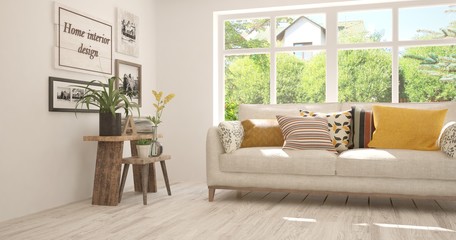 White room with sofa and green landscape in window. Scandinavian interior design. 3D illustration