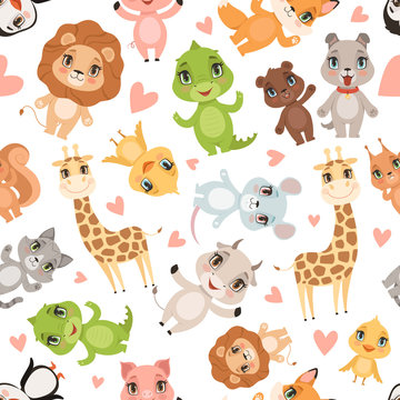 Baby animals pattern. Fabric printed seamless safari wild animals crocodile giraffe lion vector cartoon background. Illustration of lion and giraffe, crocodile and mouse
