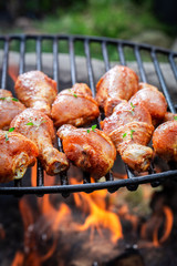 Delicious chicken leg on grill with herbs and spices