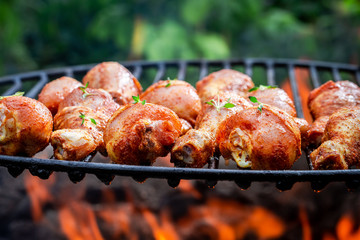 Tasty and spicy chicken leg on grill with flames