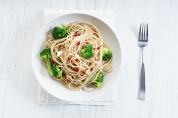 spaghetti broccoli on white plate