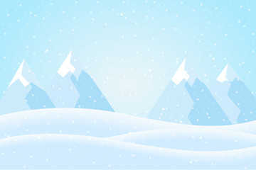 Flat design illustration of a winter mountain landscape with hills, blue sky and snow, suitable as Christmas or New Year greeting card