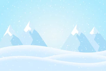 Rolgordijnen Platte ontwerpillustratie van een winterberglandschap met heuvels, blauwe lucht en sneeuw, geschikt als kerst- of nieuwjaarswenskaart © Forgem