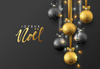 Joyeux Noel. Christmas greeting card, design of xmas ball with realistic garlands on dark background.