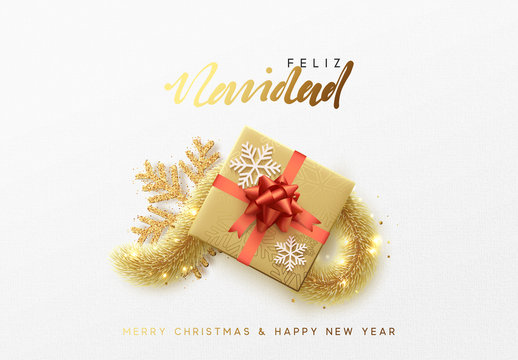 Merry Christmas greeting card. Xmas holiday background, gift box with gold tinsel and bright golden snowflake. Spanish text Feliz Navidad.