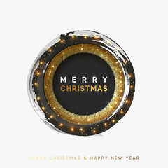 Christmas greeting illustration. Round hole, black abstract frame, with bright light golden garlands. Xmas Background, vector cards