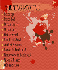Pupil's morning routine. Back to school theme. A beautifully designed daily schedule for school-age children, with abstract spots of paint, autumn leaves.