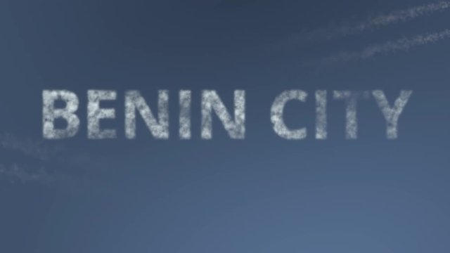Flying airplanes reveal Benin City caption. Traveling to Nigeria conceptual intro animation