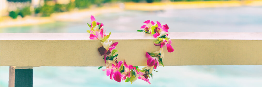 Hawaiian Lei Flowers Necklace Panoramic Banner For Polynesian Or Hawaiian Culture Tradition. Panorama Background.