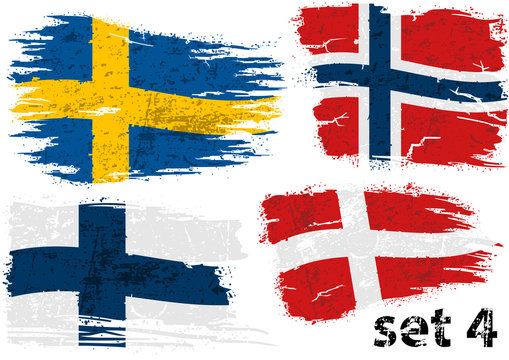 Torn Flag Sweden, Norway, Finland And Denmark - Colored Abstract Illustrations, Vector