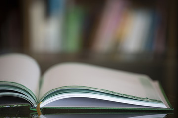 Open book with blurred background.