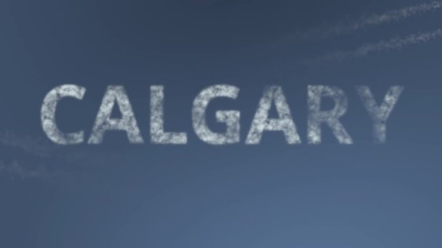 Flying airplanes reveal Calgary caption. Traveling to Canada conceptual intro animation