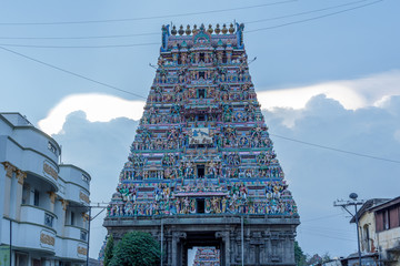 Hindu god and goddess sculptures on temple tower Kapaleeshwarar Temple,Mylapore,Chennai,india