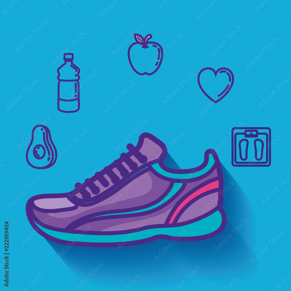 Sticker tennis shoes with healthy lifestyle icons