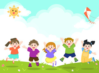 Obraz na płótnie Canvas Happy Children Playing, Jumping at Outdoor, Park, Garden