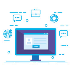 desktop with social media marketing icons