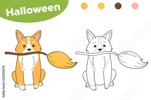 Halloween coloring page for children - Welsh Corgi dog with witch broom -  Cartoon doodle style - Vector illustration Wall mural