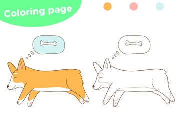 Coloring page for kids. Welsh Corgi dog is sleeping. Cartoon style. Vector illustration.