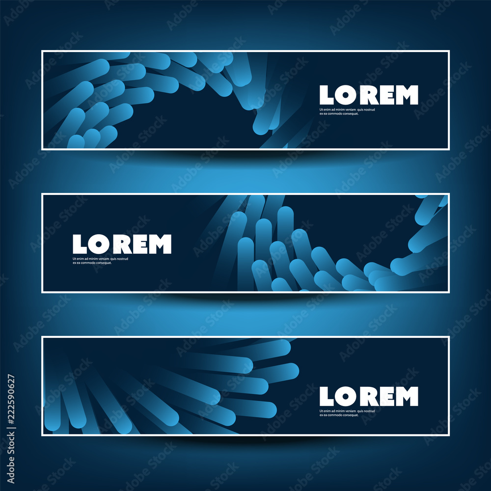 Poster set of horizontal colorful banner or header design for your business with abstract blue and black 3d