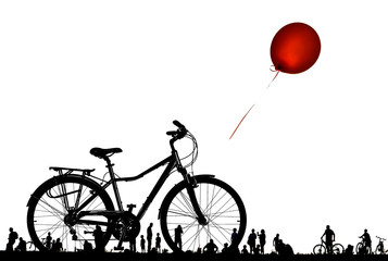 Bike lonely and red balloon flying. People on day off. Isolated on a white