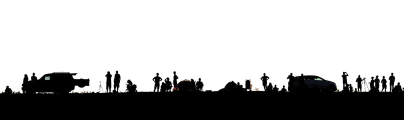 Silhouettes of people. Adventure and dreams. Panorama. Isolated on a white