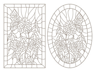 Fototapeta premium A set of contour illustrations in the style of stained glass with dandelions and a butterfly, oval and rectangular image in the frame, dark contours on a white background