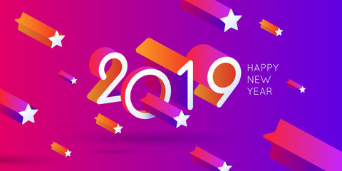Happy New Year poster 2019. Template with stars of different sizes.