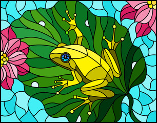 Naklejki  Ilustracja w stylu witrażu z abstrakcyjną żabą na liściu lotosu na wodzie i kwiatach