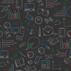 Seamless background with simple hand-drawn icons on a theme business, colored chalks on the dark school Board