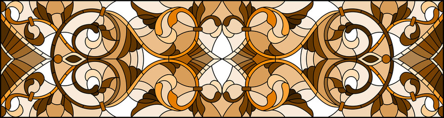 Illustration in stained glass style with abstract  swirls ,flowers and leaves  on a light background,horizontal orientation, sepia