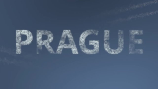 Flying airplanes reveal Prague caption. Traveling to Czech Republic conceptual intro animation