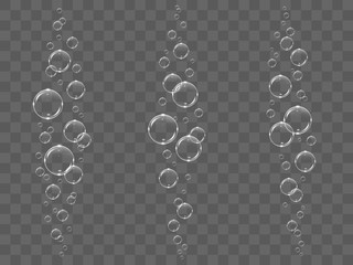 Transparent white bubbles flying in air or underwater, isolated on black background