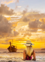 Fototapeta na wymiar Woman enjoying serene ocean nature during travel holidays vacation